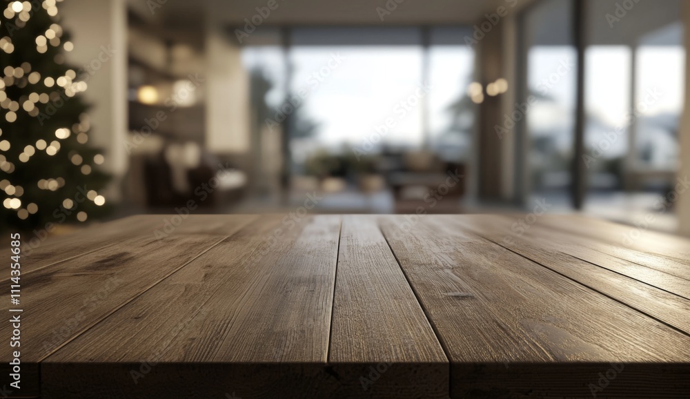Empty wooden table top with blurred living room and Christmas tree background for product display. High-resolution modern studio lighting. Empty wooden table top with blurred living room and Christmas tree background for product display. High-resolution modern studio lighting.