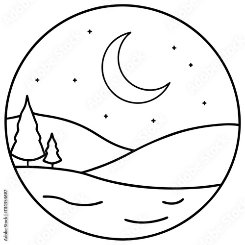 Moonlit Serenity A Crescent Over a Tranquil Landscape line art vector photo