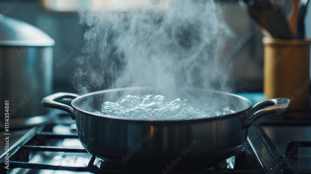 A pot of boiling water on a kitchen stove creates a dynamic culinary scene. The pot of boiling water captures the essence of cooking, inviting a sense of warmth and preparation. Copy space included. A pot of boiling water on a kitchen stove creates a dynamic culinary scene. The pot of boiling water captures the essence of cooking, inviting a sense of warmth and preparation. Copy space included.