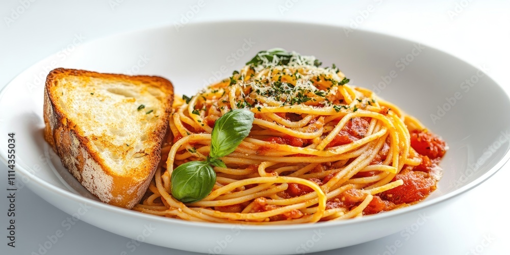 Tasty spaghetti accompanied by crunchy toasted bread, enhanced with a drizzle of olive oil. Clear background highlights this high resolution presentation. Tasty spaghetti accompanied by crunchy toasted bread, enhanced with a drizzle of olive oil. Clear background highlights this high resolution presentation.