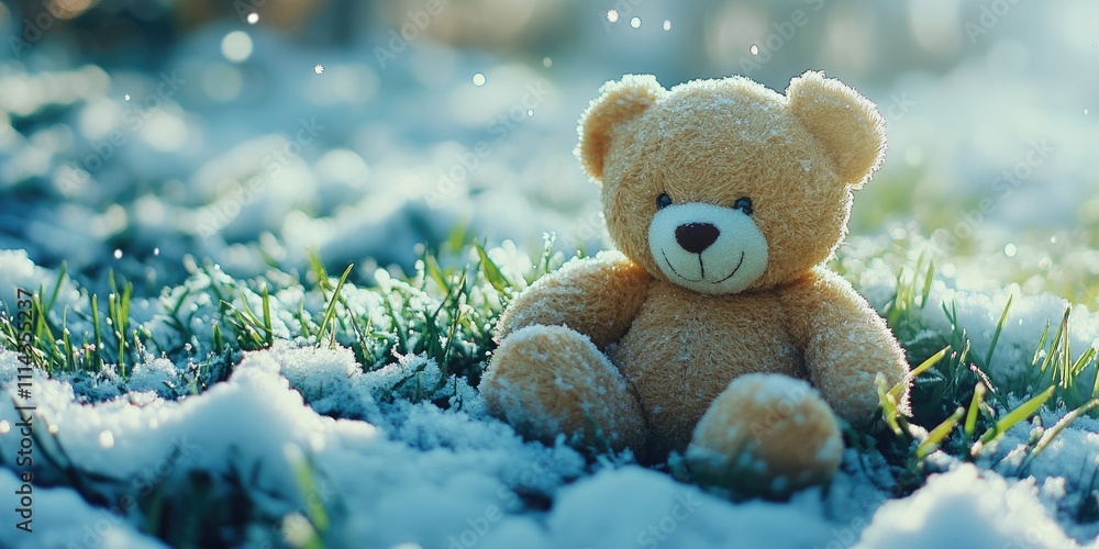 A teddy bear is placed on the grass, surrounded by snow. The bear is nestled on the green grass amidst the cold white snow, creating a charming scene. A teddy bear is placed on the grass, surrounded by snow. The bear is nestled on the green grass amidst the cold white snow, creating a charming scene.