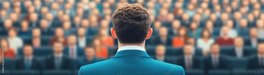 Business Professional Delivering Speech to Engaged Audience in Conference Hall with Blurred Crowd and Focus on Speaker's Back and Suit Details Business Professional Delivering Speech to Engaged Audience in Conference Hall with Blurred Crowd and Focus on Speaker's Back and Suit Details