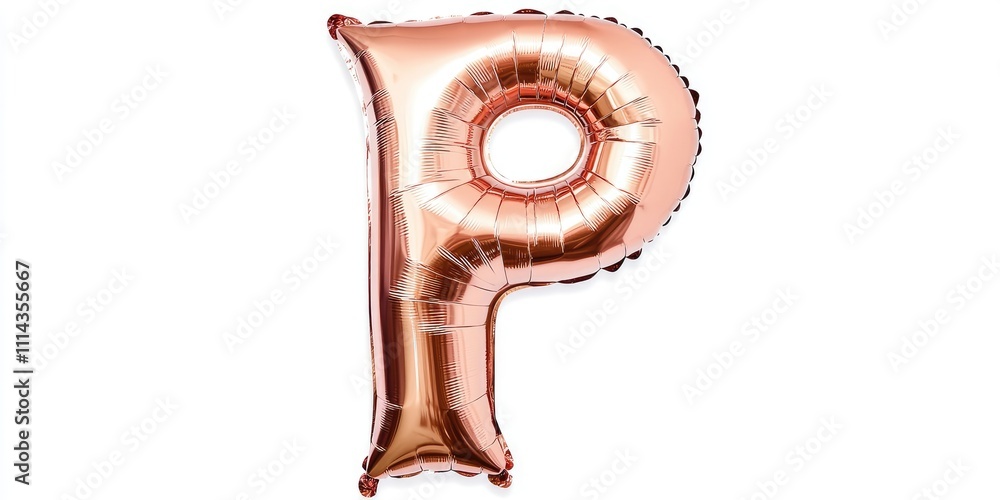 Fototapeta premium A solitary Rose Gold Foil Balloon shaped as the letter P stands out against a white backdrop. This decorative party letter is made from sturdy balloon material for lasting appeal.