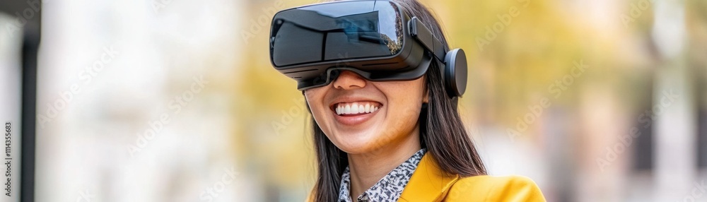 Young woman smiling while wearing modern virtual reality headset in vibrant outdoor setting, showcasing enthusiasm for immersive technology and future innovations Young woman smiling while wearing modern virtual reality headset in vibrant outdoor setting, showcasing enthusiasm for immersive technology and future innovations