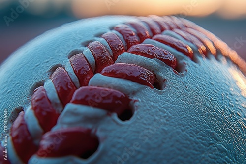 Close-up shot of a baseball sitting on a lush green field, great for sports-related themes photo