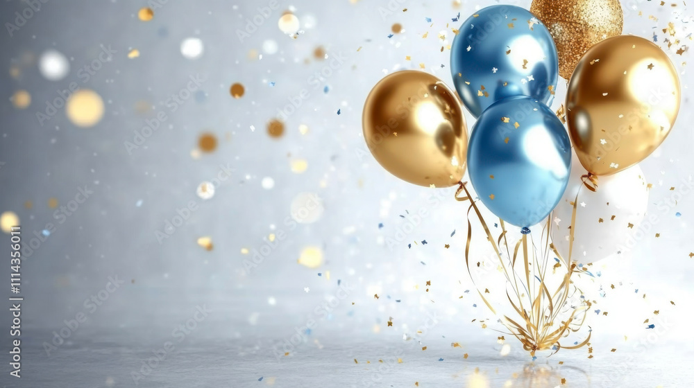 olden and blue metallic balloons, confetti and ribbons olden and blue metallic balloons, confetti and ribbons