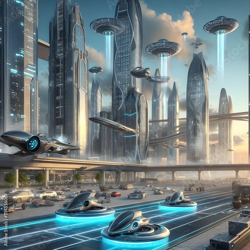 Generative AI, futuristic scene with skyscrapers, hovercrafts and robots photo