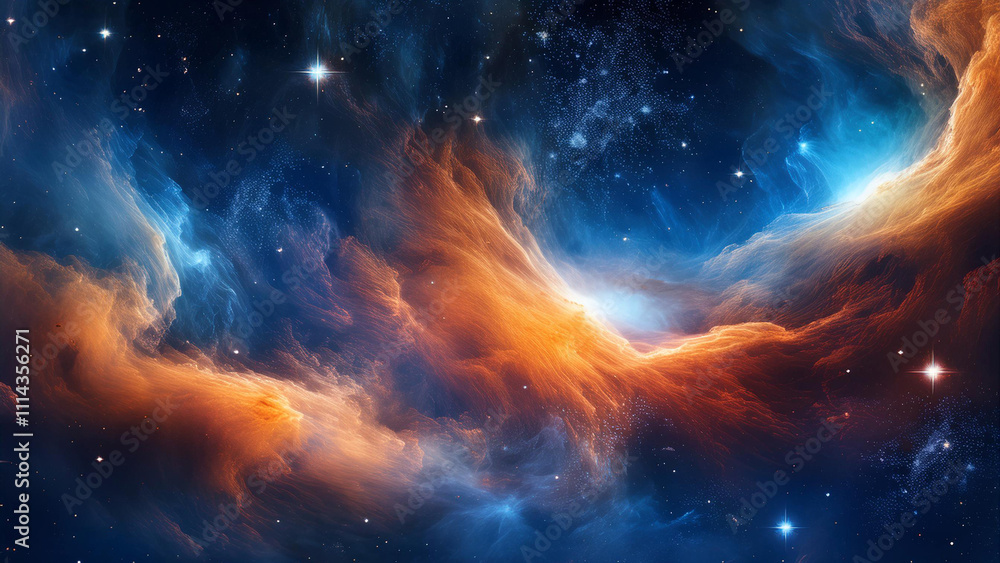 A mesmerizing cosmic nebula texture with vibrant swirls of deep blues, purples, and fiery oranges, dotted with glowing stars and wisps of stardust. Perfect for celestial designs or space-themed art. A mesmerizing cosmic nebula texture with vibrant swirls of deep blues, purples, and fiery oranges, dotted with glowing stars and wisps of stardust. Perfect for celestial designs or space-themed art.