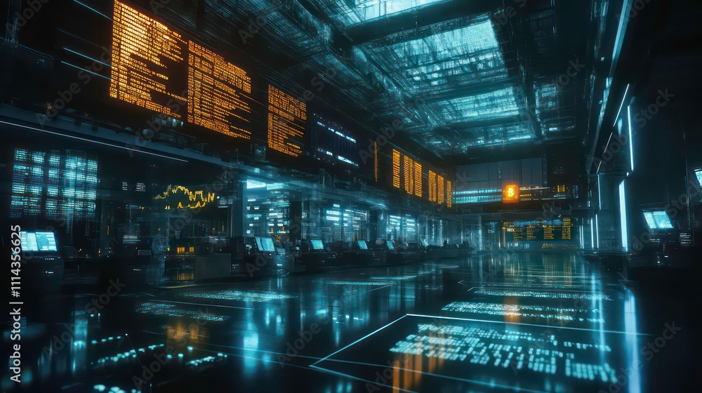 Futuristic digital control room with glowing screens displaying data. Futuristic digital control room with glowing screens displaying data.