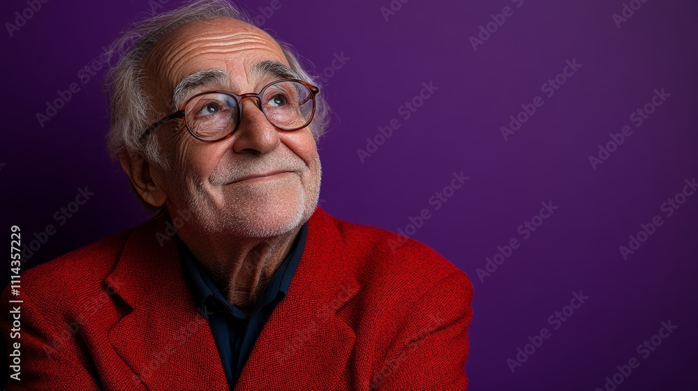 Man in a red jacket is looking up at the camera. He has a smile on his face and his eyes are wide open. Concept of curiosity and wonder, as if the man is pondering something important or interesting Man in a red jacket is looking up at the camera. He has a smile on his face and his eyes are wide open. Concept of curiosity and wonder, as if the man is pondering something important or interesting