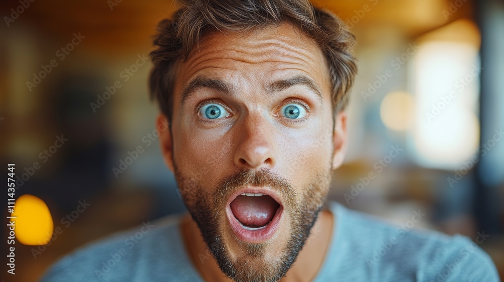 Man with a beard and blue eyes is looking at the camera with an open mouth. Concept of surprise or shock, as if the man has just received some unexpected news or information