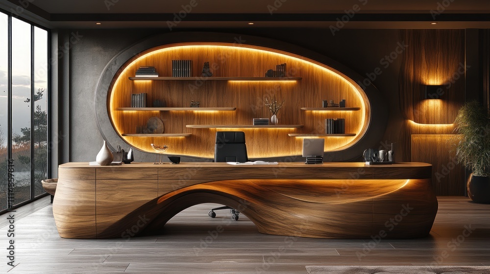 Modern luxury office with organic wood desk and backlit shelving. Modern luxury office with organic wood desk and backlit shelving.