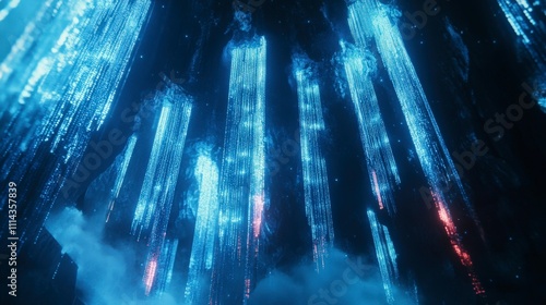 Abstract Digital Data Streams Falling Through Dark Nebula - Futuristic Sci-Fi