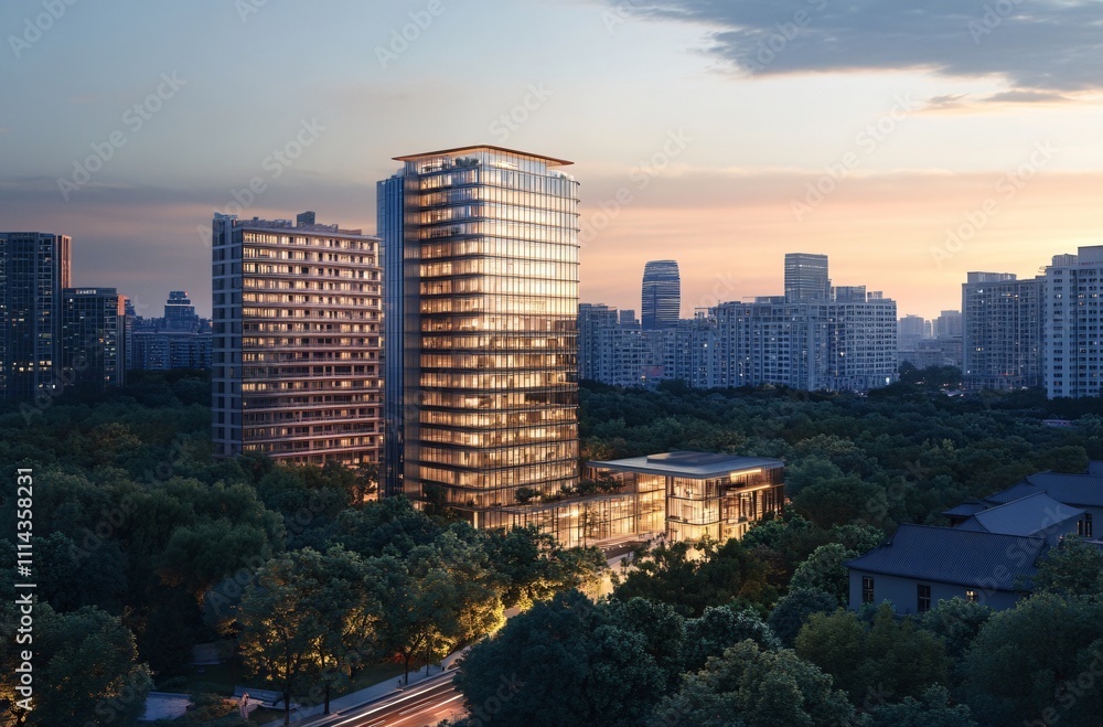 Obraz premium Aerial view of a city at night showcasing a solitary apartment building and office towers with illuminated facades, highlighting the vibrant real estate and commercial districts of the urban skyline.
