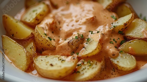 Delicious fried potatoes paired with a rich cream tomato sauce, captured in selective focus. Perfect for food photography with ample copy space for text integration. photo