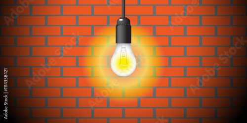 A bright yellow glowing bulb on a wire against a background of a wall of red bricks. Background for design, template, vector illustration
