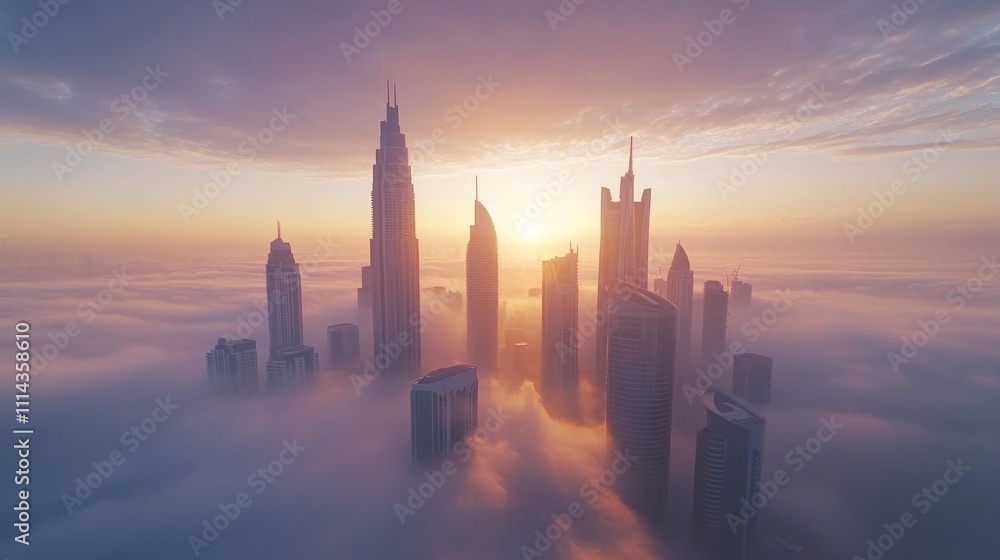 Dubai Skyline Emerging from the Clouds at Sunrise Dubai Skyline Emerging from the Clouds at Sunrise
