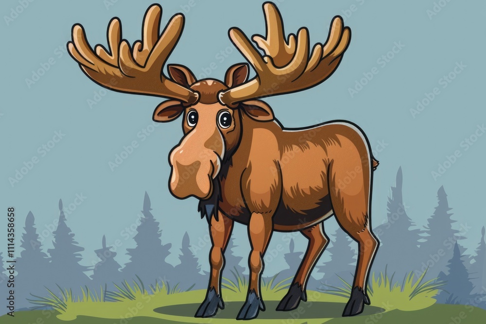 A majestic moose standing in a green field with tall trees in the background A majestic moose standing in a green field with tall trees in the background