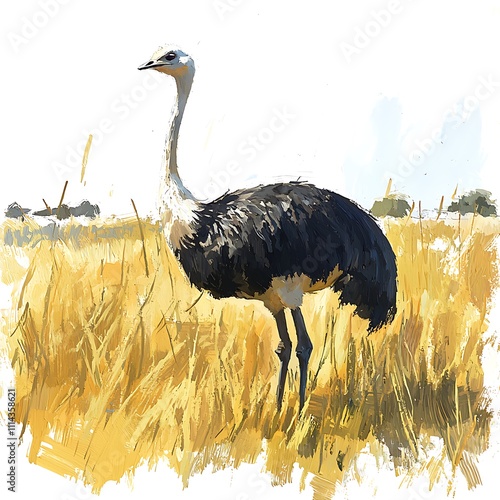 A painted image of a Rhea in a golden field. photo