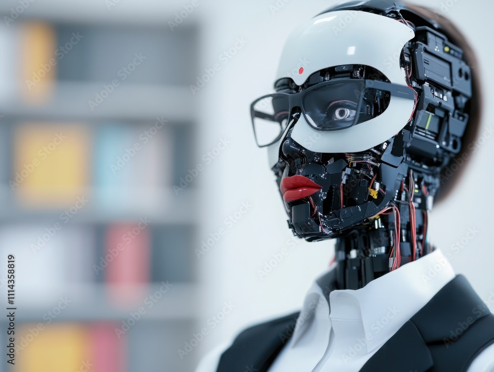 Futuristic humanoid robot with a sleek design and glasses, showcasing advanced technology and intricate robotic components in a modern setting. Futuristic humanoid robot with a sleek design and glasses, showcasing advanced technology and intricate robotic components in a modern setting.