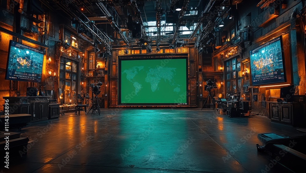 Green Screen Studio with World Map Display Green Screen Studio with World Map Display