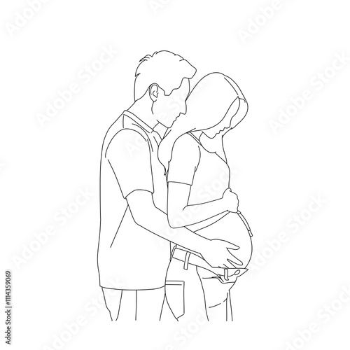 Pregnant couple hug baby bump lineart