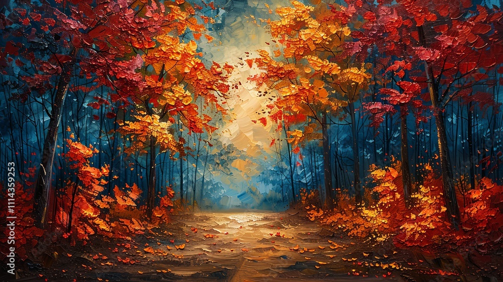 Autumn Leaves: A vibrant canvas in warm tones of red, orange, and gold, with a path leading through a forest covered in fallen leaves. A light breeze rustles the foliage Autumn Leaves: A vibrant canvas in warm tones of red, orange, and gold, with a path leading through a forest covered in fallen leaves. A light breeze rustles the foliage