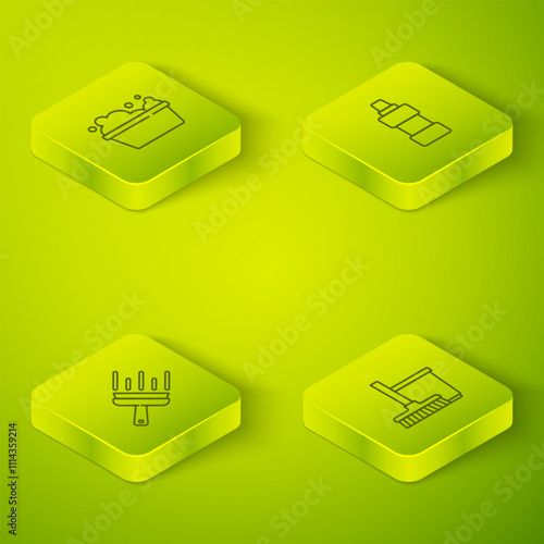 Set Isometric line Bottle for cleaning agent, Rubber cleaner windows, Mop and bucket and Basin with soap suds icon. Vector