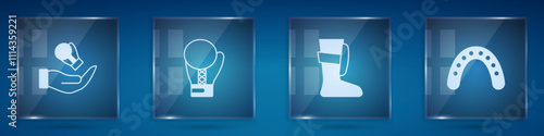 Set Boxing glove, Sport boxing shoes and Mouth guard boxer. Square glass panels. Vector