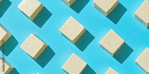 Wallpaper Mural A detailed view of tofu set against a backdrop of blue, highlighting the tofu prominently against the vibrant blue hue. Torontodigital.ca
