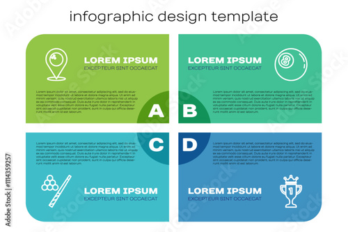 Set line Billiard cue and ball, Location with bowling, Award cup and . Business infographic template. Vector