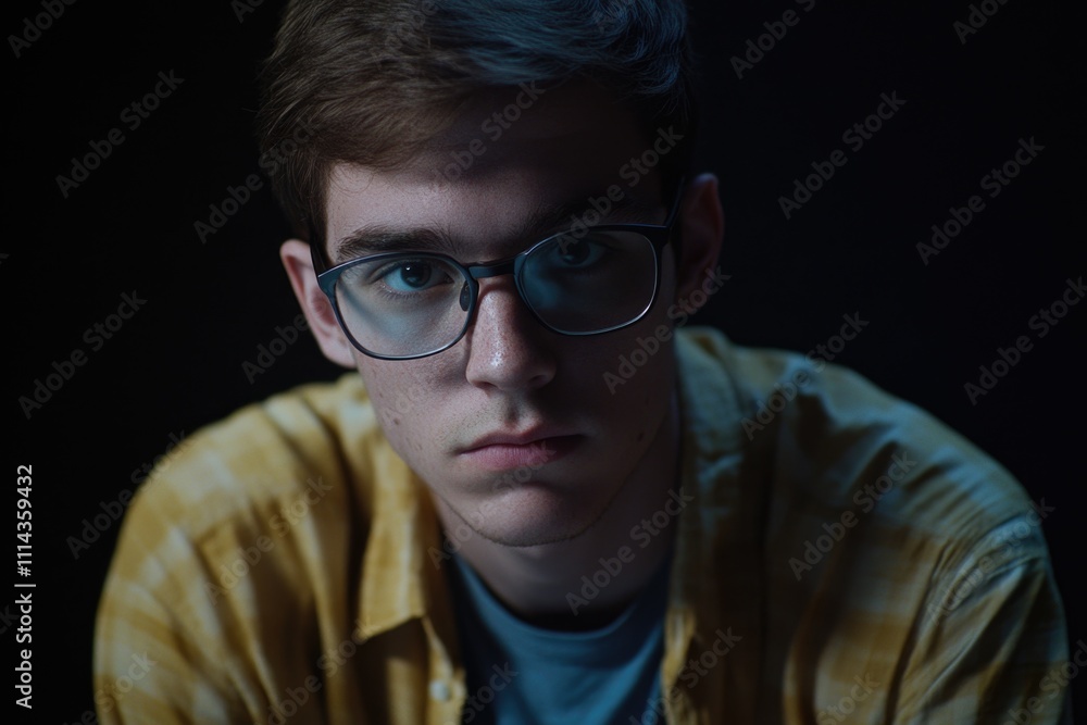 Portrait of a young man wearing glasses and a yellow shirt, looking directly at the camera Portrait of a young man wearing glasses and a yellow shirt, looking directly at the camera
