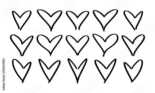 Fifteen wide hand drawn hearts in free style. Doodles and squiggles. Vector set