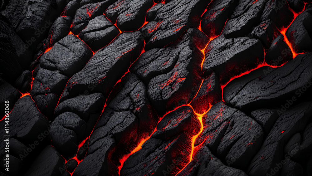 Obraz premium Cracked volcanic surface with glowing lava flows between dark, textured rocks. Intense and dynamic design ideal for energy, geology, or natural disaster themes.