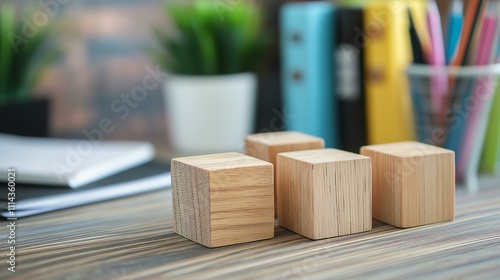 Wooden blocks on a desk with blurred office supplies and green plants in the background. photo