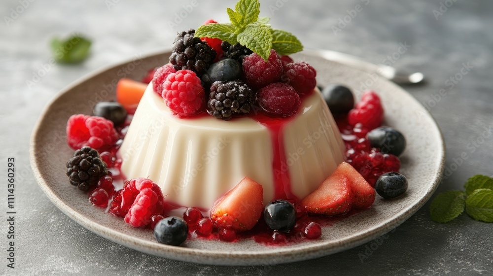 An elegant panna cotta dessert made with vanilla and topped with an assortment of forest fruits. This panna cotta captures a delightful presentation with ample copy space. An elegant panna cotta dessert made with vanilla and topped with an assortment of forest fruits. This panna cotta captures a delightful presentation with ample copy space.