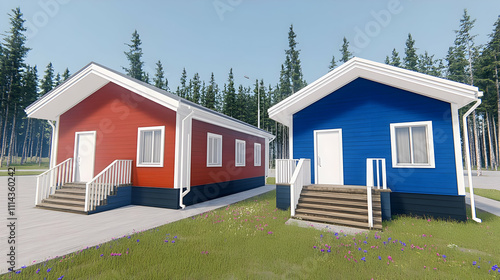 3D Render of Two Colorful Cottages