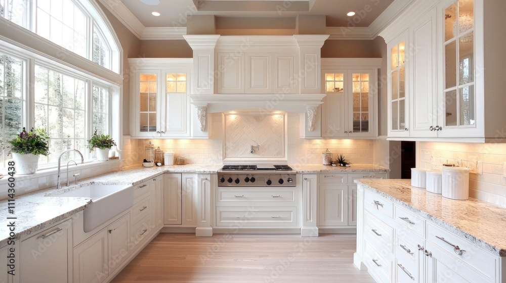 Elegant White Kitchen Design with Granite Countertops and Large Windows Elegant White Kitchen Design with Granite Countertops and Large Windows