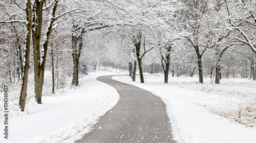 A serene winter scene featuring a winding path through snow-covered trees.