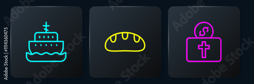 Set line Ark of noah, Donation for church and Bread loaf. Black square button. Vector