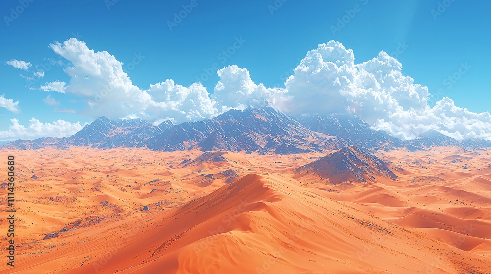 Naklejka premium Expansive golden dunes stretch under a bright sky and majestic mountains