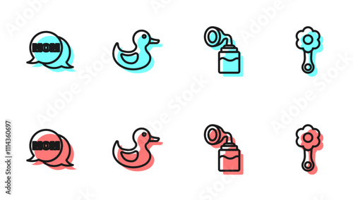 Set line Breast pump, Speech bubble mom, Rubber duck and Rattle baby toy icon. Vector