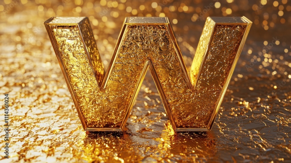 3D rendering of a shiny gold letter W on a sparkling golden background ...