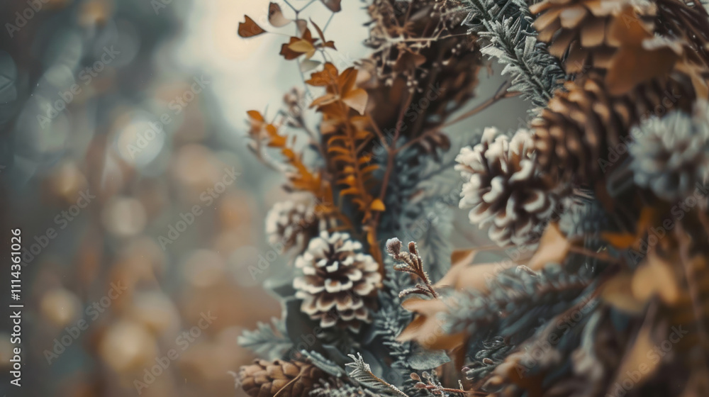 Fototapeta premium Simple dried flower wreath with a mix of earthy tones, capturing a soft and natural holiday aesthetic