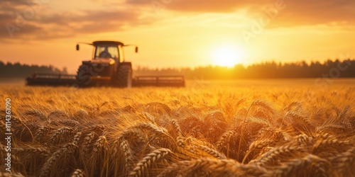 Golden Hour Harvest: Tractor in a Wheat Field at Sunset photo