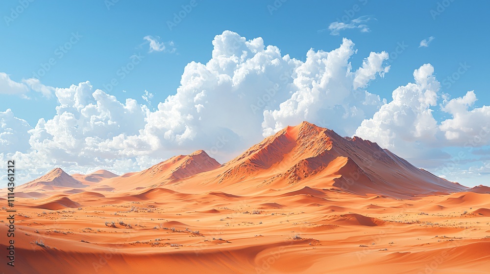 Naklejka premium Expansive desert dunes under a vivid blue sky with puffy clouds