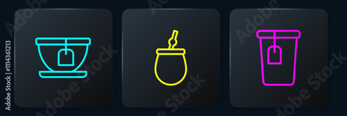 Set line Cup with tea bag, and Mate. Black square button. Vector
