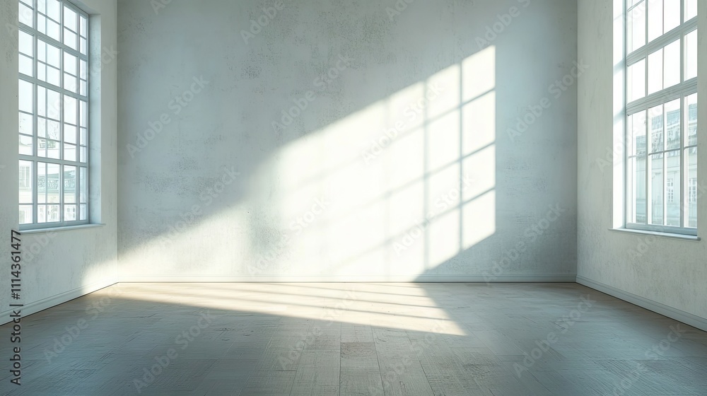 Fototapeta premium Bright light studio with a blank wall creating a dramatic hard shadow effect, perfect for photography. The blank wall and shadow add depth and contrast to any image.