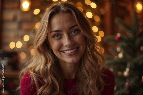 Smiling young woman with long hair in red sweater and Christmas tree in the background