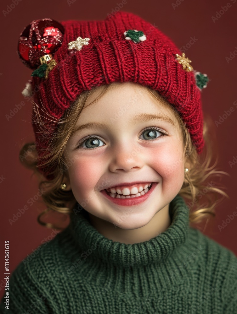 A cute little girl wearing a red hat and green sweater, flashing a big smile with her teeth showing. A cute little girl wearing a red hat and green sweater, flashing a big smile with her teeth showing.